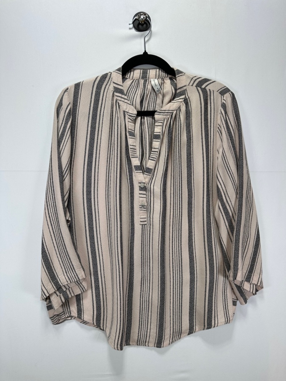 Gentle Fawn Striped Blouse Split Neck 3/4 Sleeve Blush Black Relaxed Fit Size M
